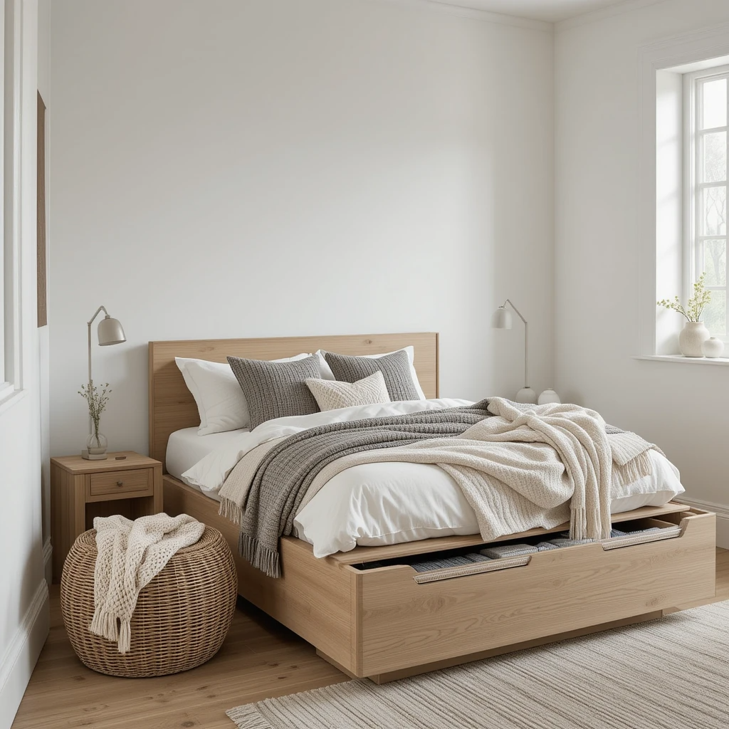 Scandinavian bedroom essentials – light walls, natural wood, and functional storage