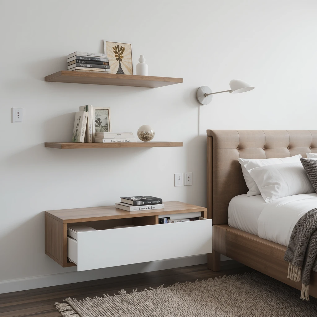 Functional Scandinavian bedroom furniture – floating nightstands and hidden storage"