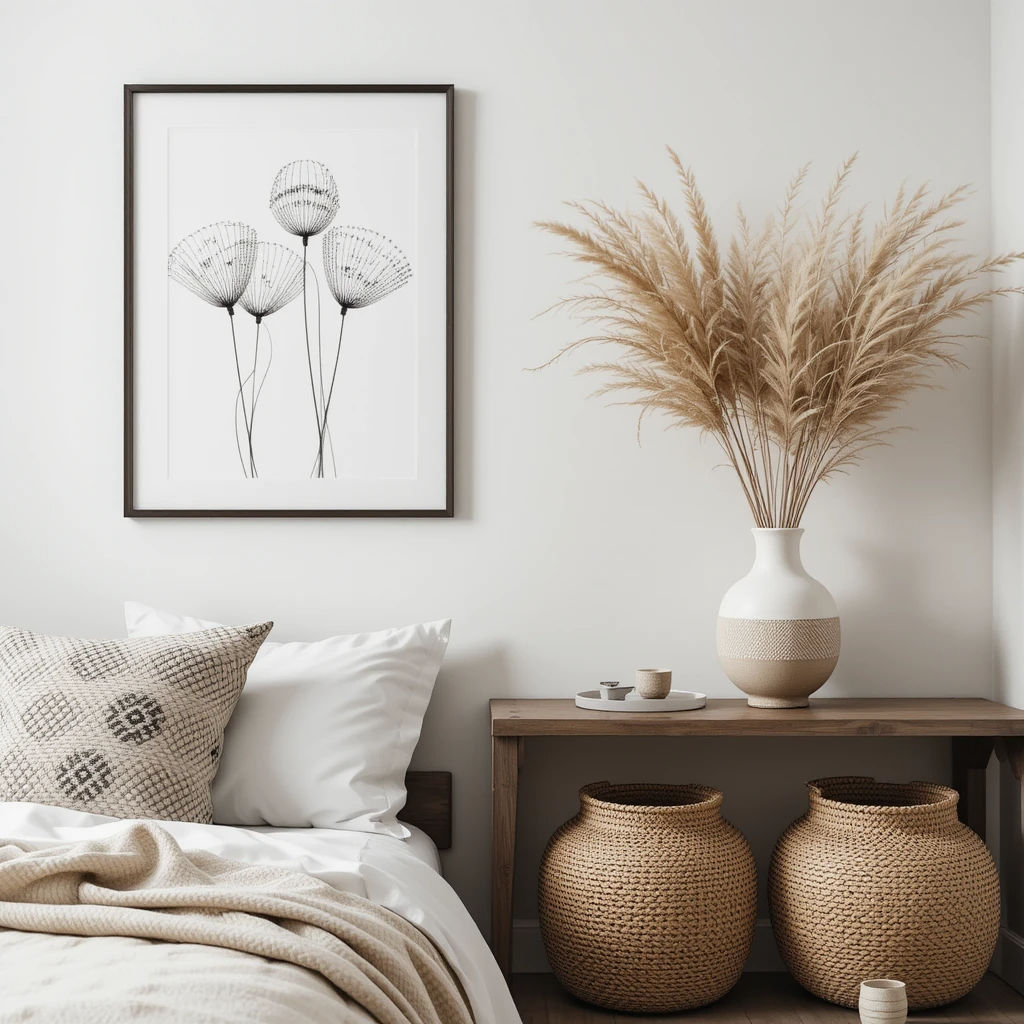 Scandinavian bedroom decor – minimalist art, ceramics, and woven accents