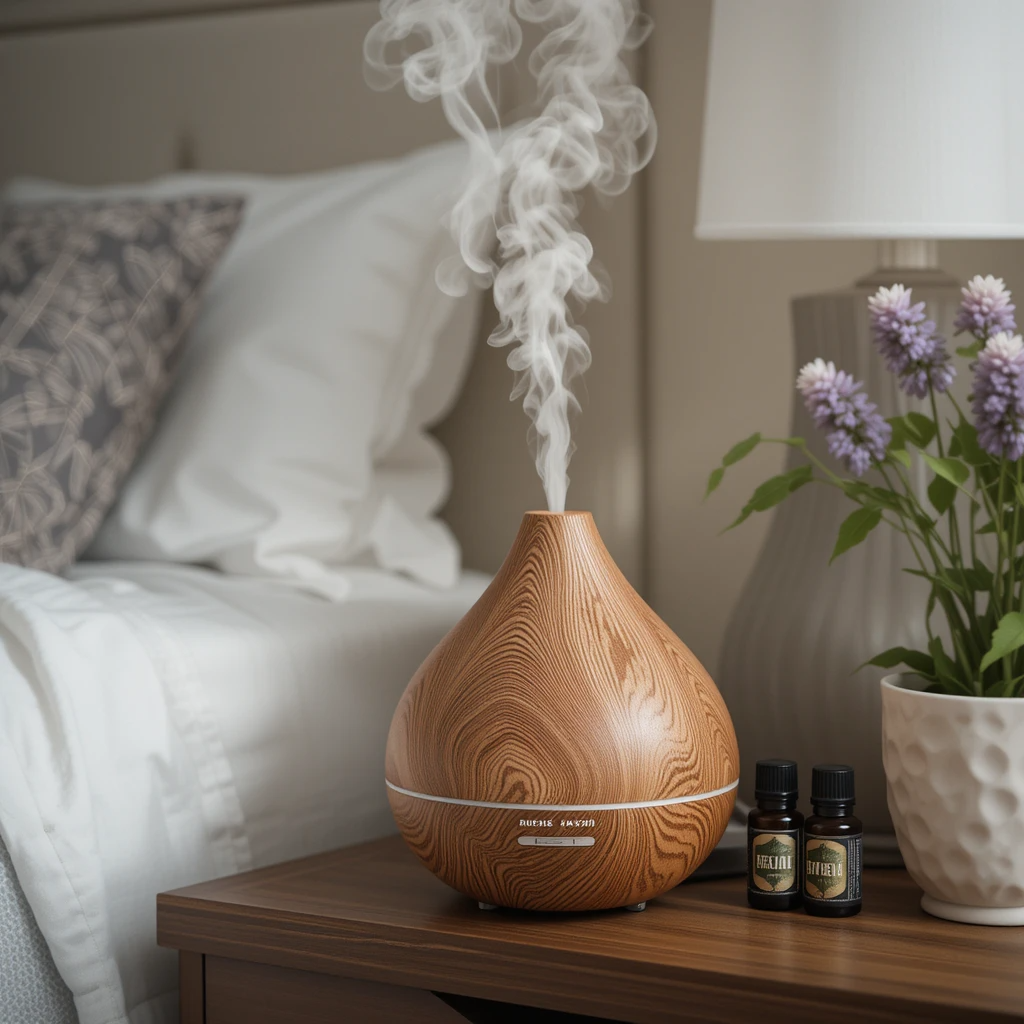 Essential oil diffuser creating a cozy bedroom atmosphere
