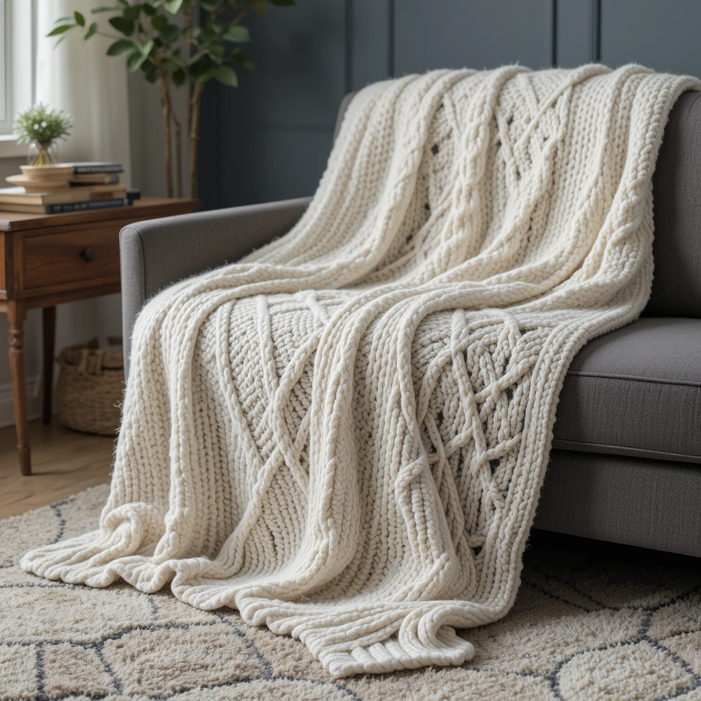 Oversized knitted throw blanket for cozy bed or chair decor