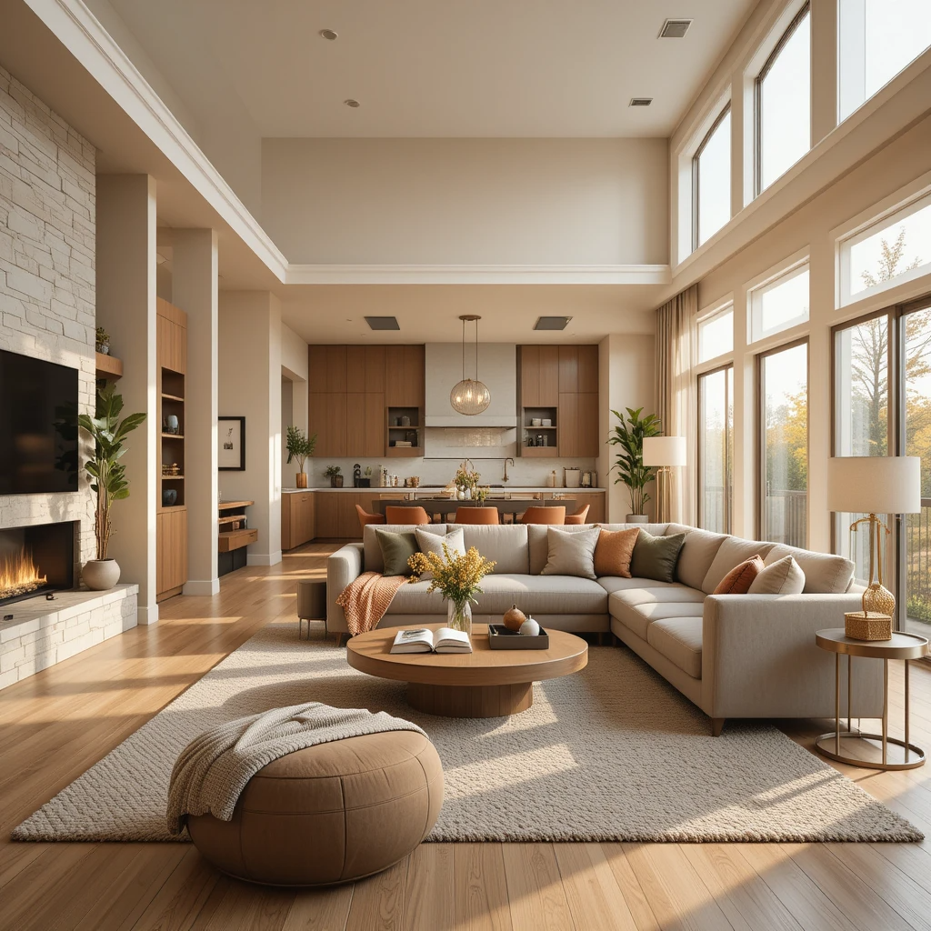 2025 cozy open-concept living room blending modern design with warm textures - sectional sofa, natural materials, smart zoning and biophilic elements create inviting yet spacious atmosphere.