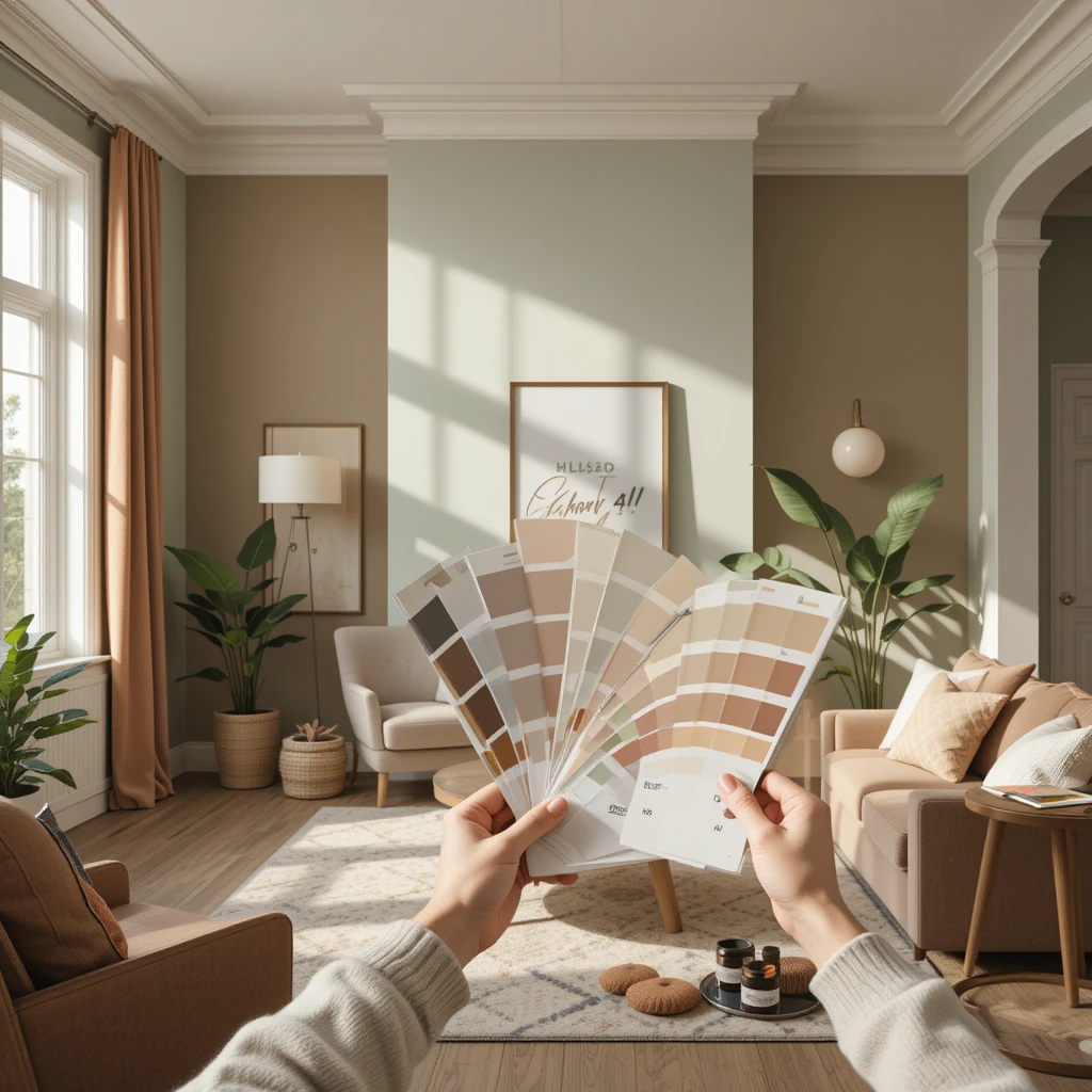 Harmonious paint colors for your home: A modern living room with beautifully balanced walls in soft neutrals and an elegant sage green accent wall. A hand holds a color wheel and paint swatches near a sunlit window, showcasing how lighting affects color choice. A cozy, magazine-worthy space with plants, textured decor, and a mood board for inspiration.