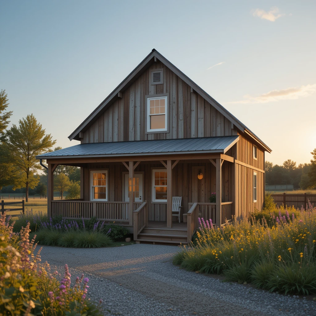 Affordable 2025 farmhouse under $100K with prefab design, reclaimed wood siding, and metal roof. Features a 1,000 sq ft layout, front porch, and wildflower yard—proof budget builds keep rustic charm.