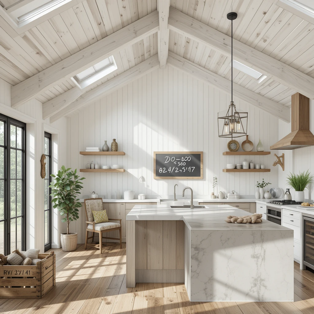 Close-up of affordable farmhouse materials that look luxurious: faux wood ceiling beams, plywood shiplap walls, and DIY concrete countertops in a modern farmhouse kitchen. Price comparisons shown for each material alternative.