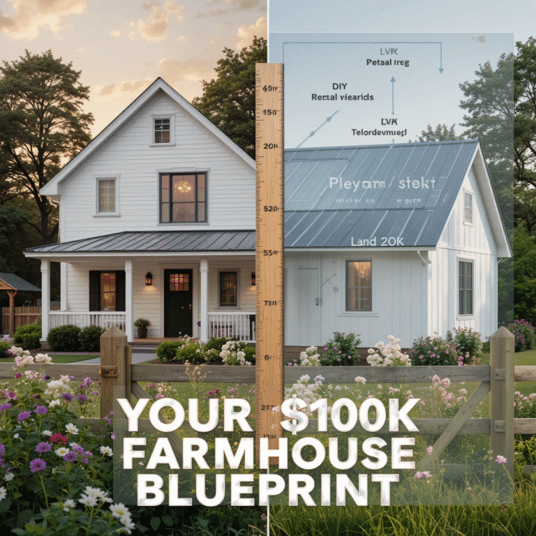 Split image contrasting a dream farmhouse exterior with transparent budget breakdown showing prefab construction ( 60 K ) , D I Y f i n i s h e s ( 60K),DIYfinishes(15K), and reclaimed materials ( 5 K ) t o t a l i n g u n d e r 5K)totalingunder100K. Highlights cost-saving features like metal roofs and LVP flooring.
