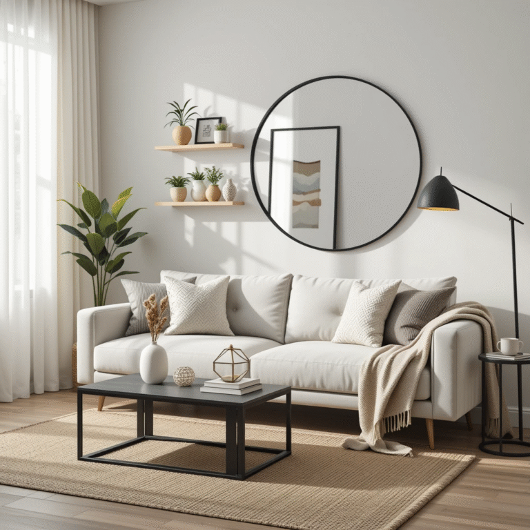 Affordable modern home decor in a stylish living room featuring a neutral sofa, minimalist coffee table, and floating shelves with plants—showcasing budget-friendly design with clean lines and natural textures.