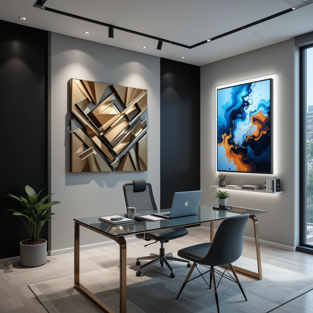 Modern home office wall art ideas: Sleek workspace with geometric brass wall sculpture, LED digital art display, and glass desk. Neutral gray walls with black accent, track lighting, and ergonomic chair for a stylish productivity setup.