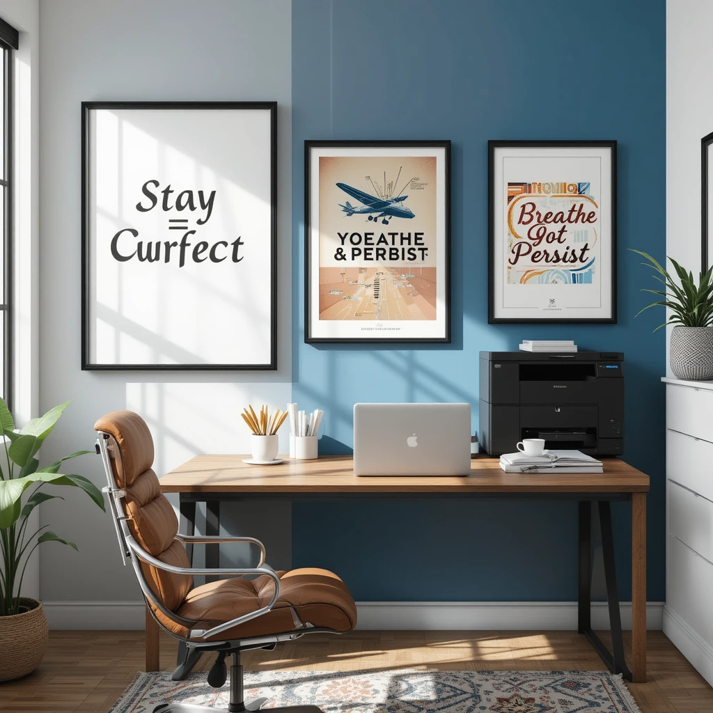 Home office wall art ideas: 'Stay Curious' modern typography poster on blue accent wall positioned at eye-level, paired with retro 'Breathe & Persist' print. Sleek workspace with laptop demonstrates strategic motivational art placement.