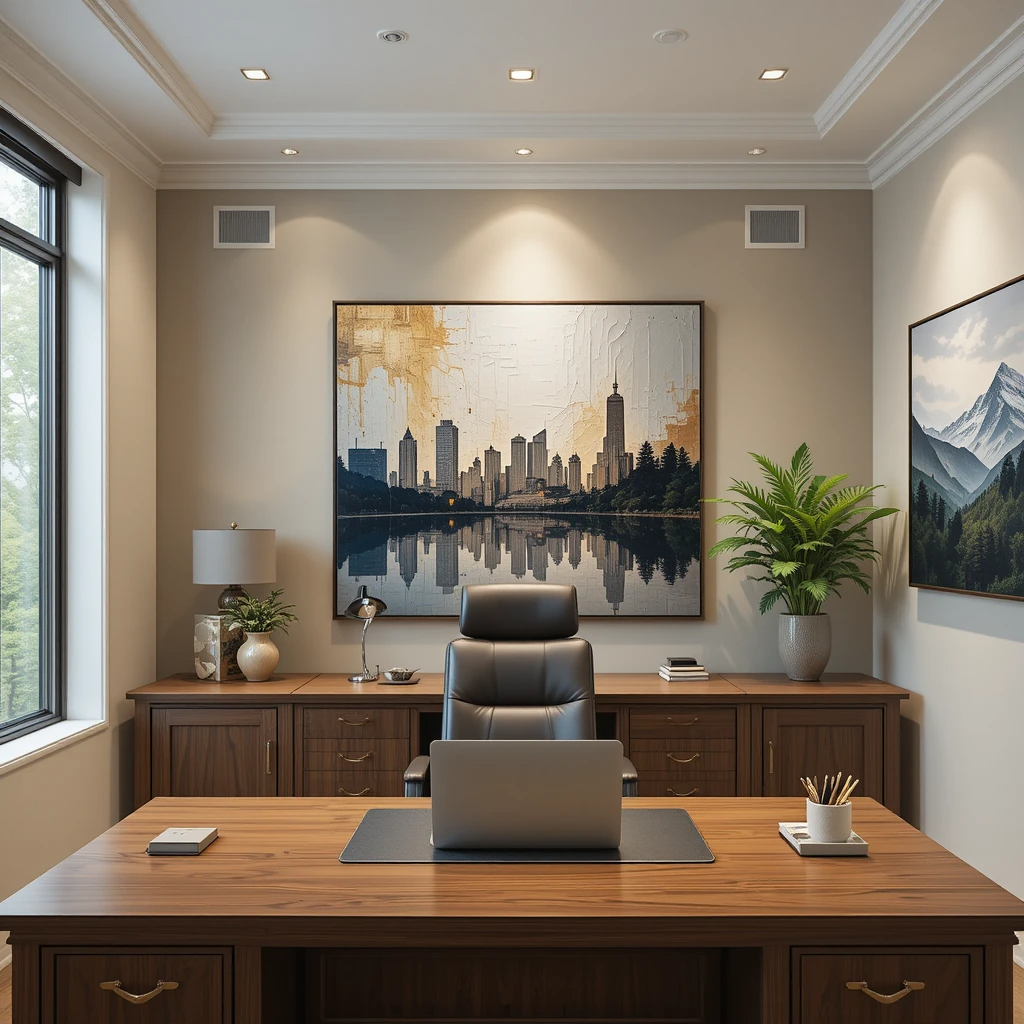 Home office wall art ideas: Large textured abstract canvas in navy/gold and framed city skyline print create a professional yet personal workspace. Walnut desk with leather pad shows ideal art placement for productivity.