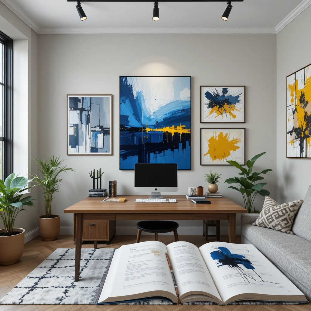 Home office wall art ideas: Designer workspace featuring a Mondrian-inspired geometric piece (left), large Rothko-style blue gradient canvas behind walnut desk (center), and Pollock-influenced gold/black splatter artwork (right) under museum lighting.
