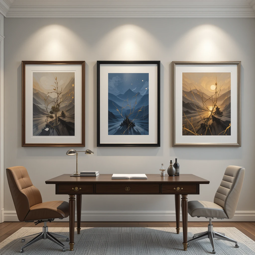 Home office wall art ideas: Sophisticated framed art display featuring walnut (traditional), black metal (modern), and acrylic frames (contemporary) in a professional workspace with leather desk accessories.