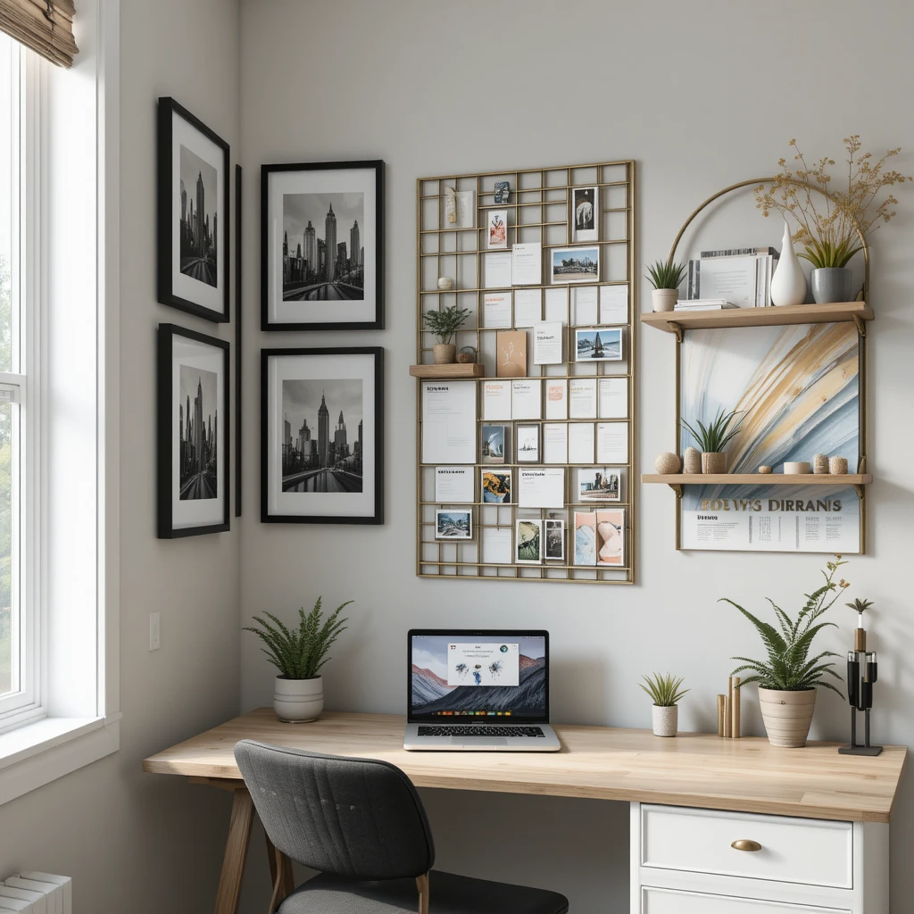 Small home office wall art ideas: Vertical column of 5 monochrome cityscape prints (8"x10") beside a full-length mirror in an 8'x8' workspace, demonstrating space-saving vertical arrangements with fold-down desk.