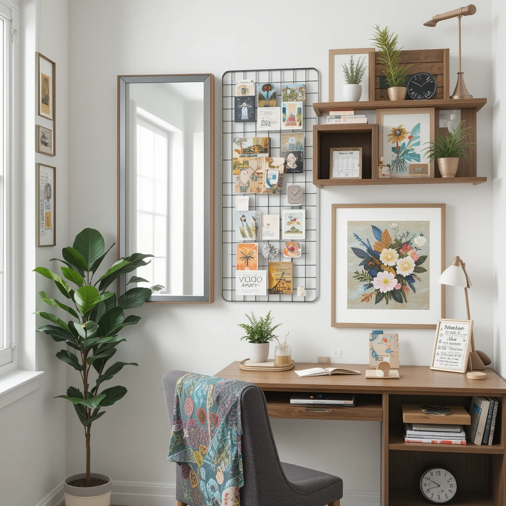 Home office wall art ideas: Professional grid-style gallery wall with 9 matching black frames (12"x12") displaying architectural blueprints, perfectly spaced 2.5" apart above a modern desk.