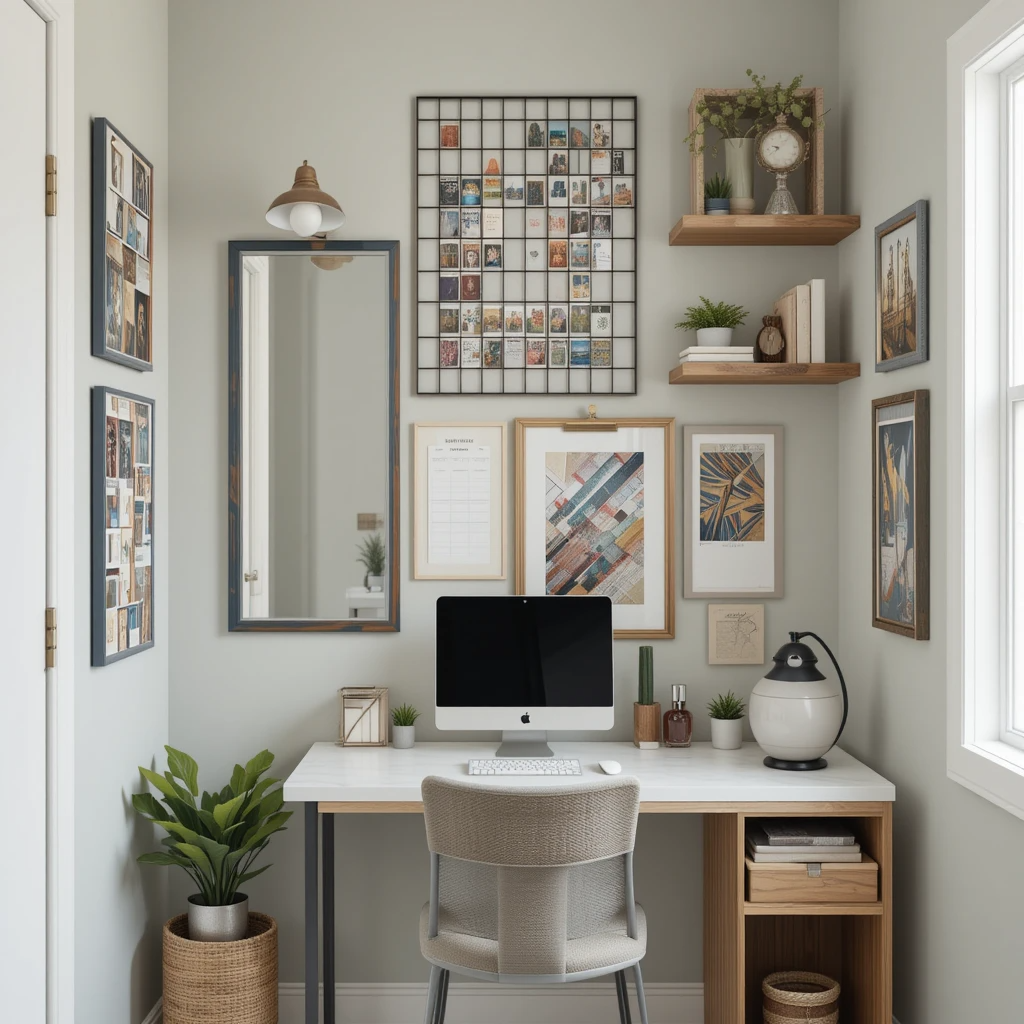 Home Office Wall Art Ideas on a Budget: Vertical gallery wall with 5 matching $10 frames displaying postcard art beside a DIY-upcycled mirror in a small 8'x8' workspace. Features space-saving solutions like wall-mounted crate shelves and a $15 metal grid organizer combining decor and function.