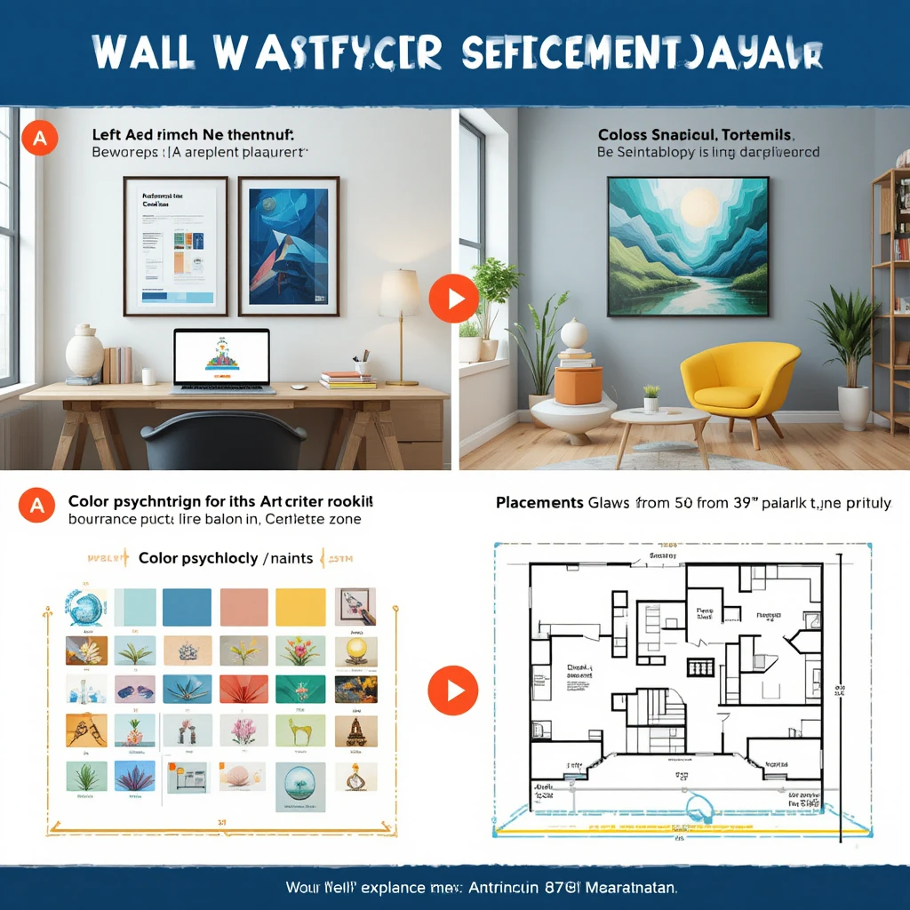 Home Office Wall Art Ideas Selection Guide: Designer demonstrates choosing between formal architectural blueprints (left) and colorful abstract canvas (right) using personality quiz on laptop. Shows color psychology placement with blue art above focus zone and yellow near creative supplies.