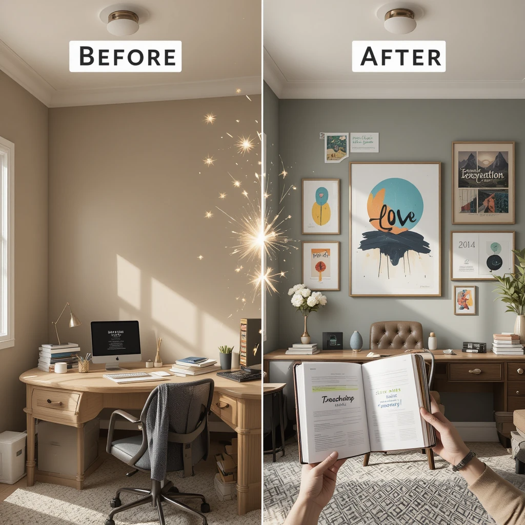 Home Office Wall Art Ideas Transformation: Dramatic before-and-after slider showing bare beige walls (left) vs. curated gallery wall with motivational print, abstract canvas, and functional grid (right). Productivity stats overlay shows 28% improvement with strategic art placement.