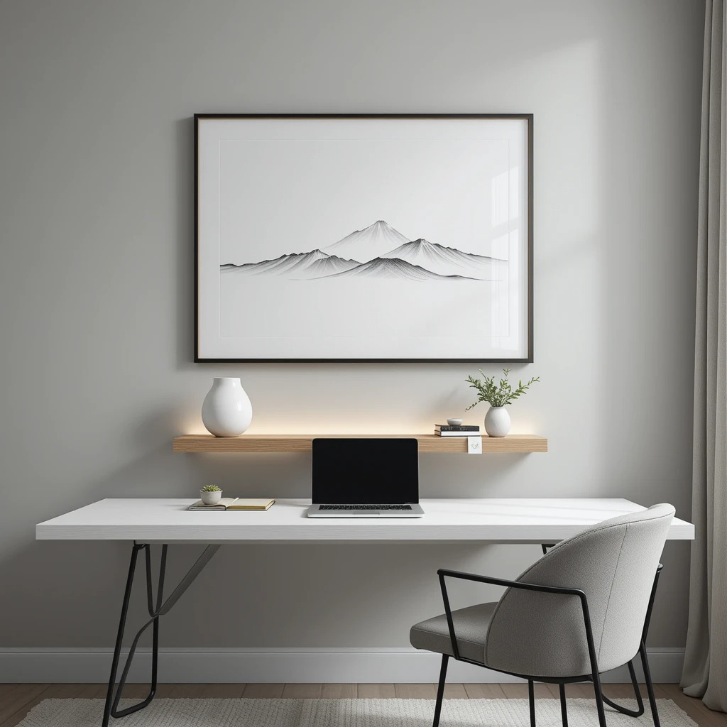 Minimalist Home Office Wall Art Ideas: Single black line drawing of mountains (40"x60") centered on light gray wall with 30% empty space. Floating oak shelf below displays only ceramic vase, notebook, and air plant - demonstrating intentional negative space.