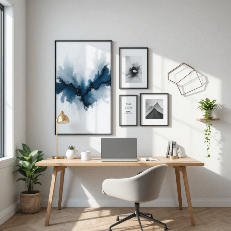 Home office wall art ideas in action: minimalist abstract canvas, framed gallery wall, and modern metal sculpture elevate this sleek workspace.