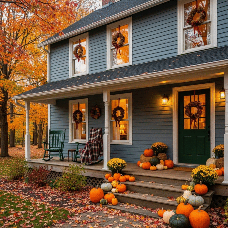 A cozy fall house exterior surrounded by golden autumn leaves, warm glowing windows, rustic wooden porch decorated with pumpkins, lanterns, and a plaid blanket on a rocking chair, golden hour lighting, realistic photography, ultra-detailed, Pinterest aesthetic