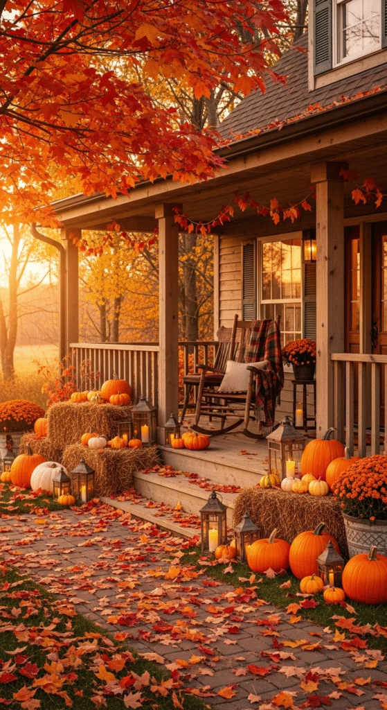 A cozy fall house exterior surrounded by golden autumn leaves, warm glowing windows, rustic wooden porch decorated with pumpkins, lanterns, and a plaid blanket on a rocking chair, golden hour lighting, realistic photography, ultra-detailed, Pinterest aesthetic