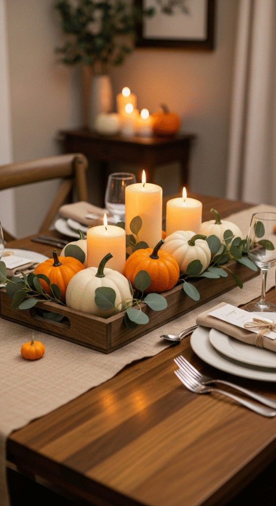 A wooden tray centerpiece on a dining table with white and orange pumpkins, eucalyptus sprigs, and three pillar candles of varying heights, warm candlelight glow