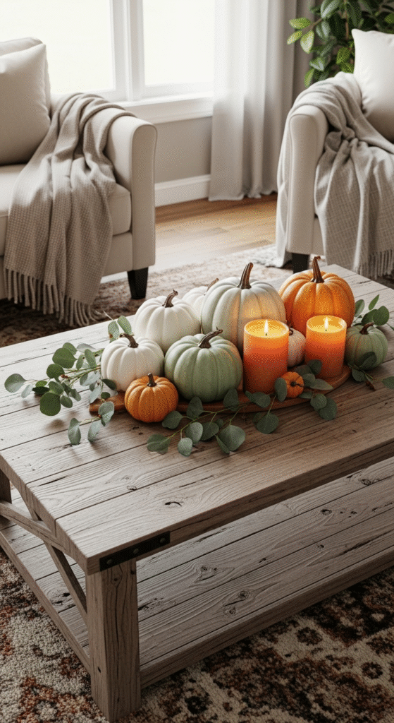 A farmhouse-style coffee table decorated with white, green, and pastel pumpkins mixed with eucalyptus leaves, warm-toned autumn candles, rustic wood textures, cozy fall setting, hyper-realistic photo