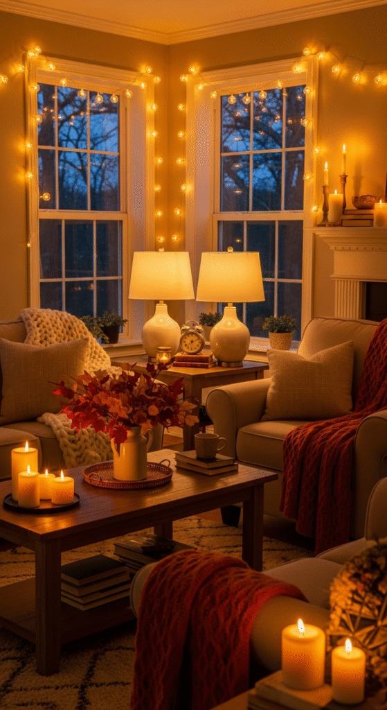 A living room at dusk with amber-hued string lights, soft table lamps, and candles glowing, plush armchairs with knitted throws, fall leaves in a vase, cozy and inviting atmosphere, realistic photography