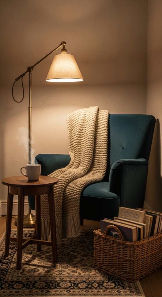Small reading nook with a velvet armchair, chunky knit throw, side table with a steaming mug, and a floor lamp casting a warm glow, books stacked in a basket