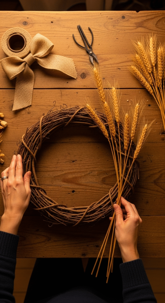 Step-by-step image series of making a grapevine wreath with faux wheat and a burlap bow, hands arranging materials on a wooden table, warm rustic style