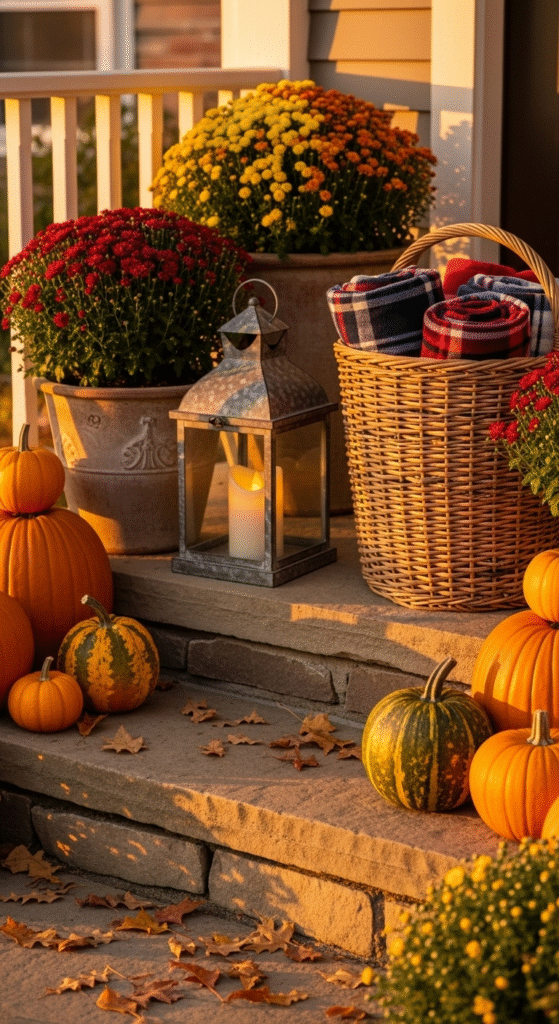 Front porch in autumn with potted mums, stacked pumpkins on steps, a rustic lantern with glowing LED candle, and a woven basket with folded plaid blankets, golden hour lighting