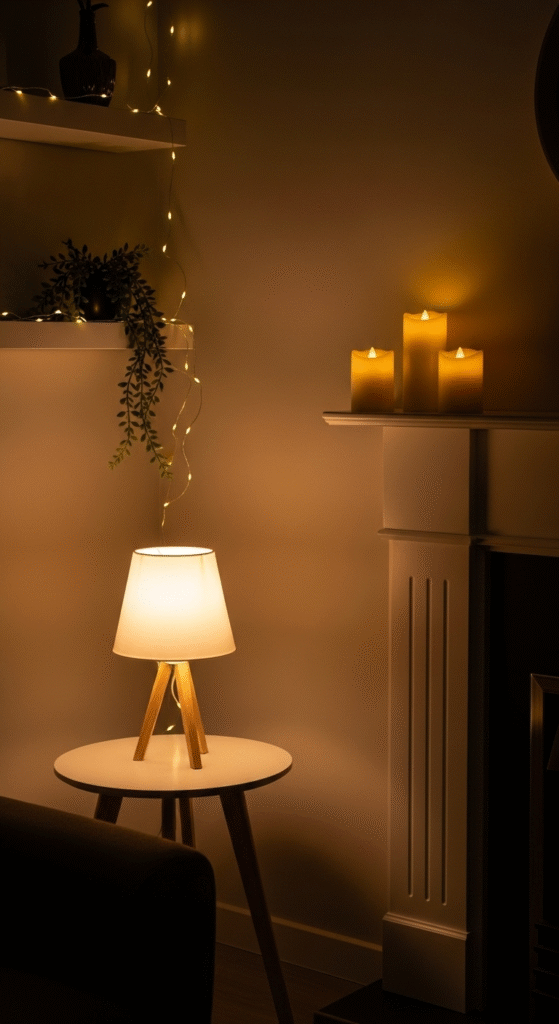 Cozy living room corner with a soft fabric-shaded table lamp, LED pillar candles on the mantel, and warm white string lights draped along a shelf