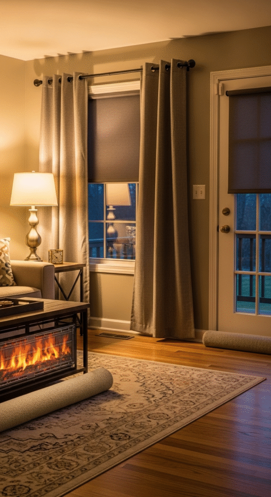Living room with layered area rugs, heavy thermal curtains drawn halfway, and a draft stopper at the base of a door, warm lighting