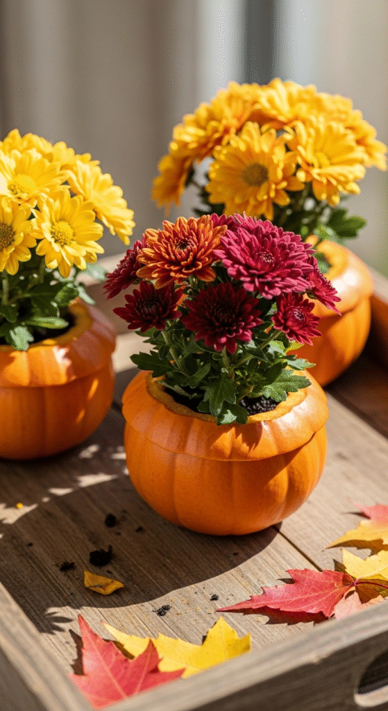 Mini pumpkin planters with blooming mums arranged on a rustic wooden tray, natural sunlight highlighting the colors