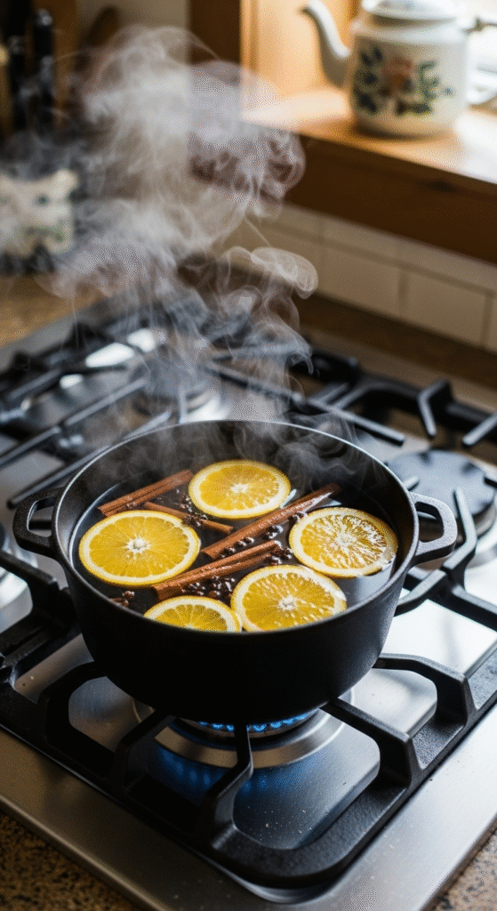 Overhead shot of a simmer pot on a stove with orange slices, cinnamon sticks, and cloves floating in steaming water, cozy kitchen background