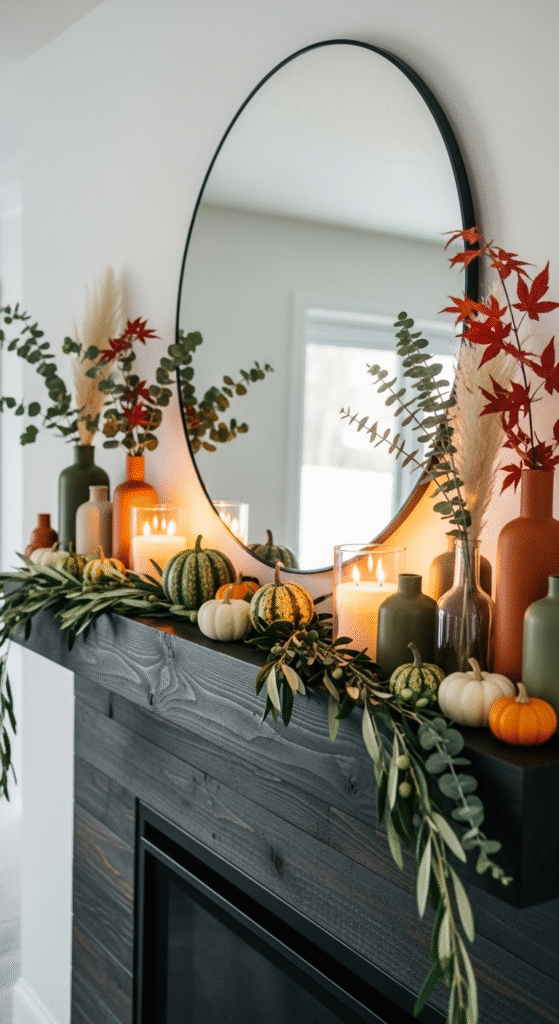 A modern yet cozy mantel with a large round mirror, candles, small vases, and a loose garland of greenery and mini pumpkins