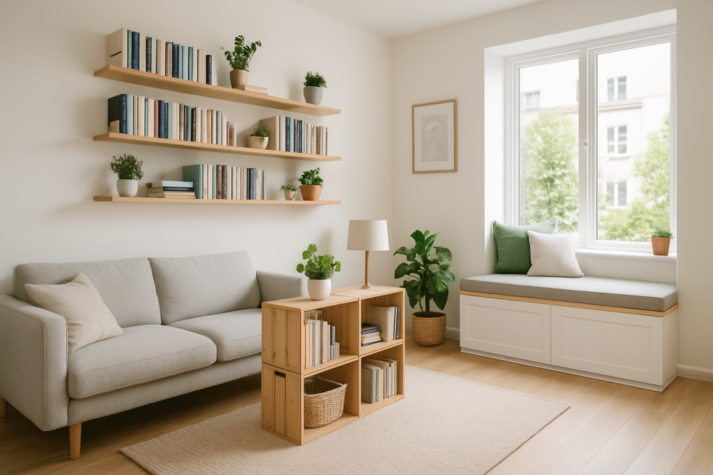A bright, modern living room in a small apartment featuring various small apartment DIY storage solutions, including floating wooden shelves filled with books and plants, a modular wooden cube shelving unit, and a window seat with hidden storage, creating an organized and stylish space.