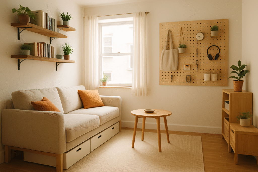 The image shows a small apartment with DIY storage solutions like floating shelves, under-bed drawers, and a pegboard, emphasizing organization and creativity. The alt text describes these elements clearly, highlighting the functional and aesthetic aspects for accessibility. Next, I will finalize the description and prepare it for user delivery.