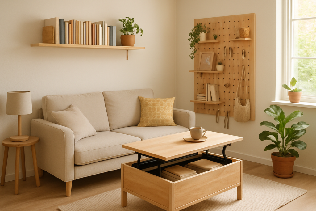 A bright, organized small apartment living room showcasing clever small apartment DIY storage solutions. A light-colored sofa sits against a white wall with a floating wooden shelf holding books and a plant. To the right, a pegboard wall displays small shelves, a picture frame, and hanging items. In the foreground, a wooden coffee table is open, revealing hidden storage space within. The room is filled with natural light from a window, and several potted plants add a touch of green, creating a fresh and spacious feel.