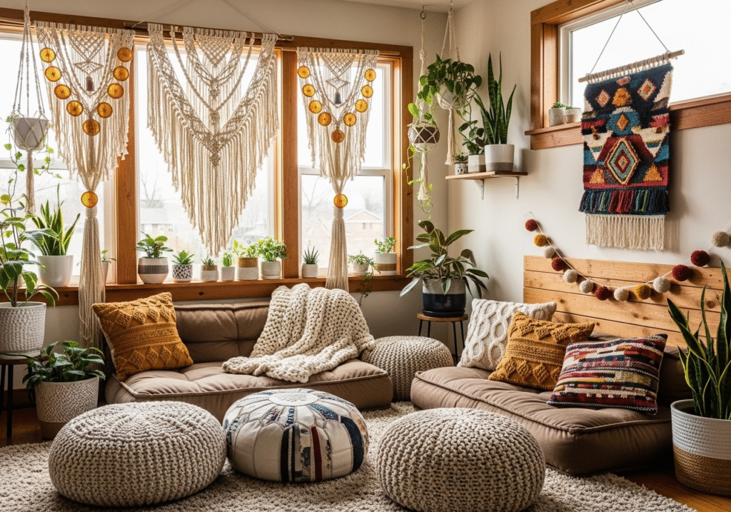 A cozy bohemian-style living room featuring various Room Decor Ideas DIY projects. The room includes a large macrame wall hanging, windows with beaded curtain tiebacks, a pom-pom garland, floor seating with poufs, and a woven tapestry, all contributing to a warm and inviting atmosphere.