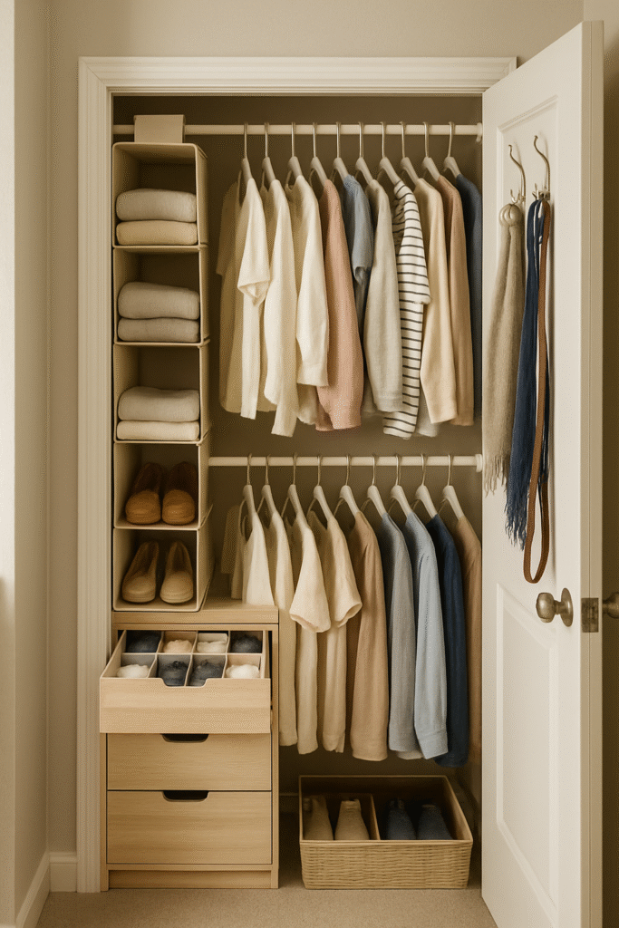 A well-organized closet in a small apartment showcasing various small apartment DIY storage solutions, including a second hanging rod, fabric cubbies, hooks on the door, and drawer dividers for efficient organization.