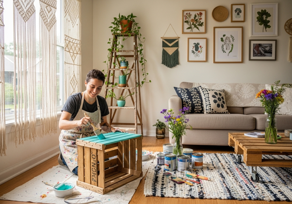 A person happily painting a wooden crate in a bright living room, surrounded by other Room Decor Ideas DIY projects like a ladder shelf with plants, framed botanical prints, and a sofa with decorative pillows, embodying the benefits of DIY such as affordability, customization, eco-friendliness, 