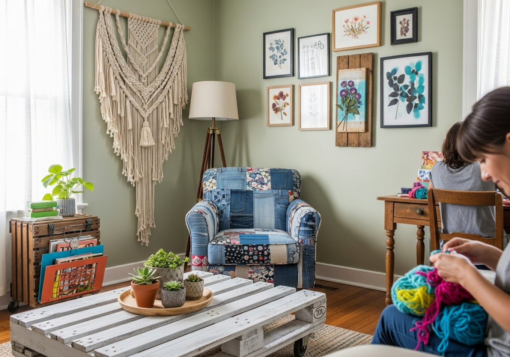 Alt text suggestion (with primary keyword): Room Decor Ideas DIY: A bright, creative living room featuring a macrame wall hanging, upcycled pallet coffee table, patchwork armchair, textured pillows, and handmade accents that showcase a budget-friendly, personalized home makeover.