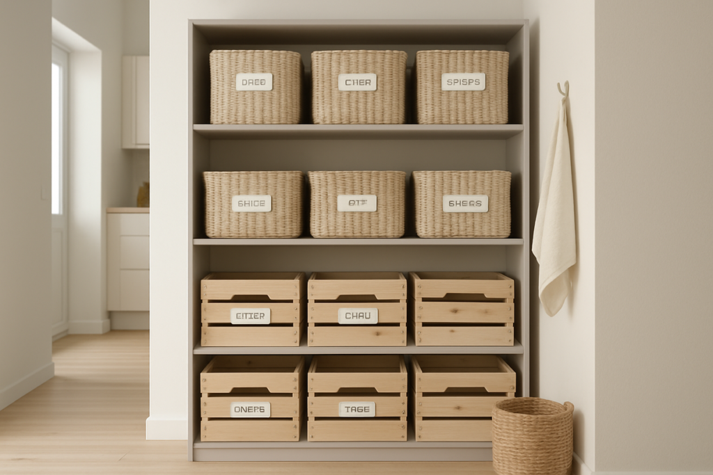 A stylish and functional small apartment DIY storage solutions setup featuring open shelves with neatly organized woven baskets and wooden crates, all in a neutral color palette and labeled for a clean, uniform look.
