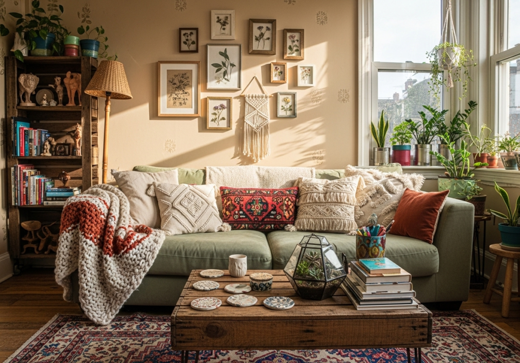 A warm and inviting living room, showcasing various Room Decor Ideas DIY. The room features a comfortable couch with textured pillows, a rustic wooden coffee table, and a bookshelf filled with books and personal items. The wall is decorated with framed botanical prints and a small macrame hanging, reflecting a personalized and creative home environment.