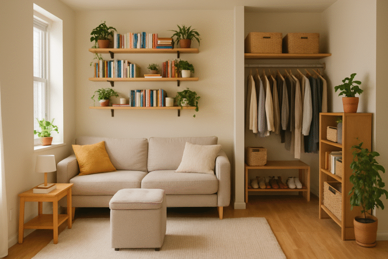 A cozy, well-organized small apartment living room with visible DIY storage solutions like floating shelves with books and plants, a storage ottoman, and a neatly arranged closet corner. This image showcases clever small apartment DIY storage solutions.
