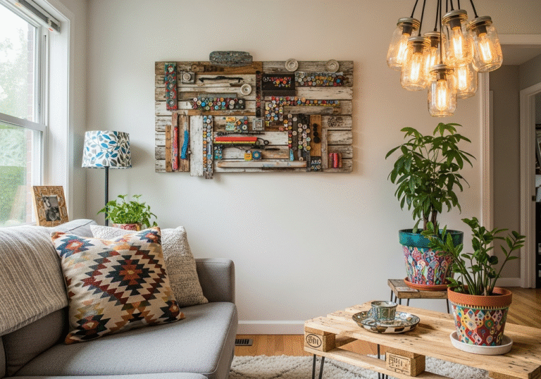 A cozy living room transformed with creative Room Decor Ideas DIY, featuring a unique wall art piece made from recycled materials, a patterned throw pillow, and a DIY lighting fixture, showcasing a budget-friendly and personalized interior.