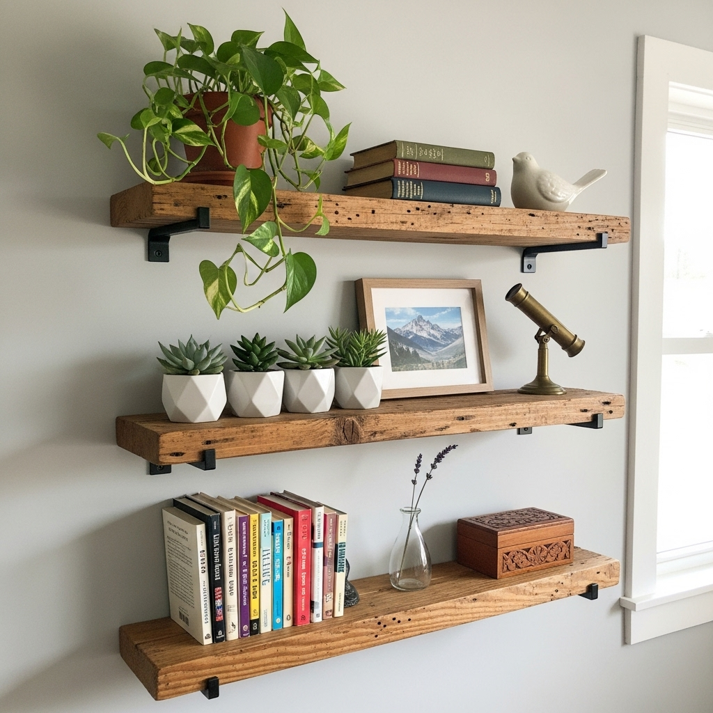 A realistic image showcasing floating shelves made from repurposed wood, adorned with plants, books, and decorative items, perfect for Room Decor Ideas DIY.