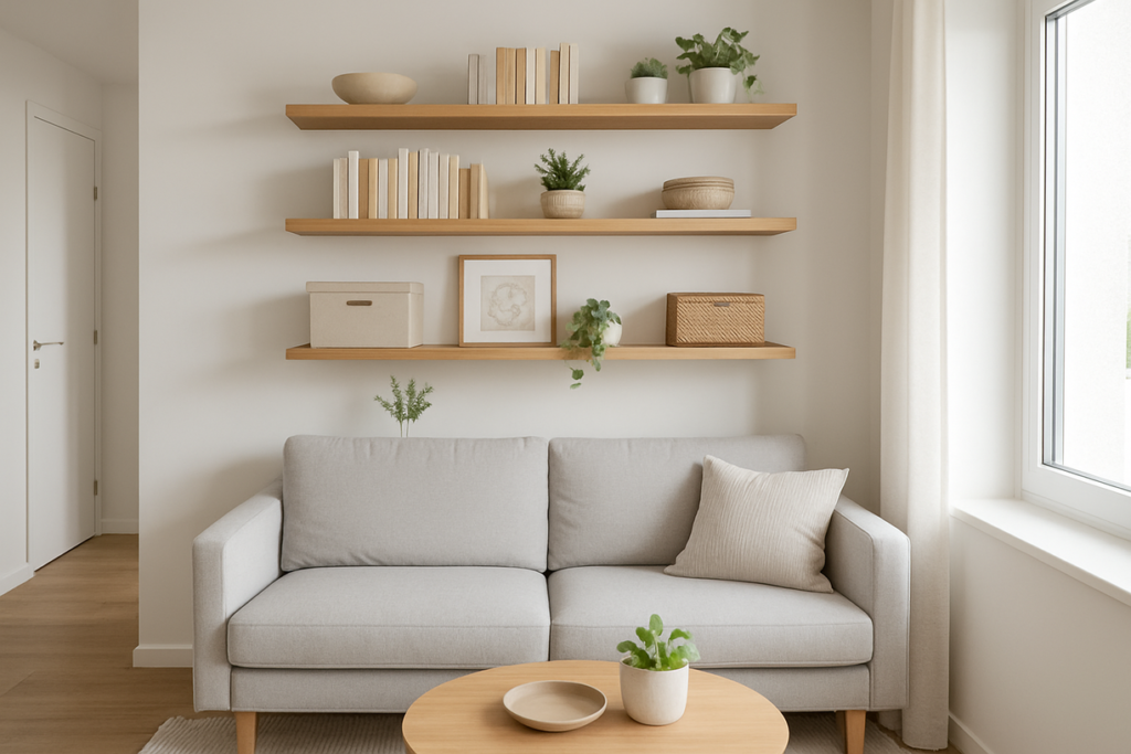 A bright living room showcasing smart small apartment DIY storage solutions. Three light-wood floating shelves are mounted on the wall above a grey sofa, neatly displaying books, small plants, and storage boxes to maximize vertical space.