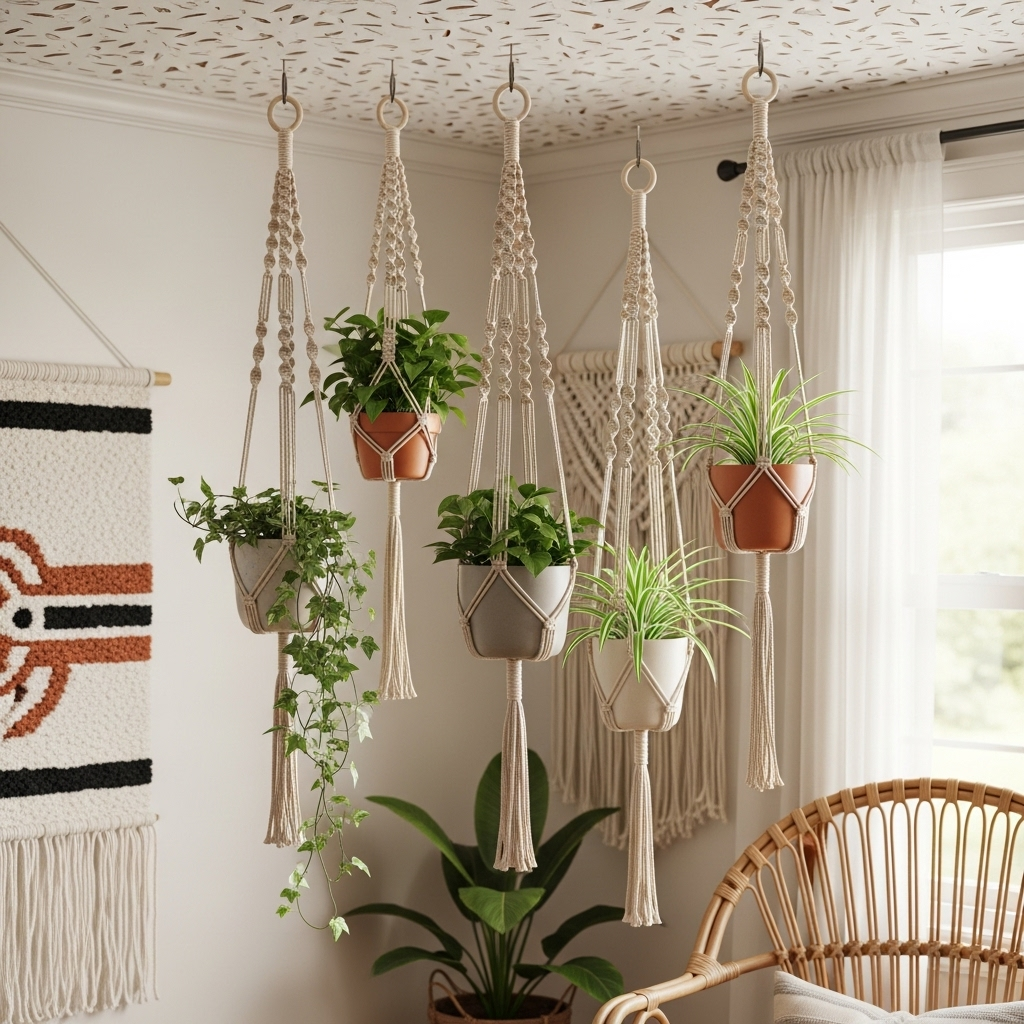 A realistic image of macrame hanging planters with potted plants, adding a bohemian touch to a room, an excellent Room Decor Ideas DIY project.